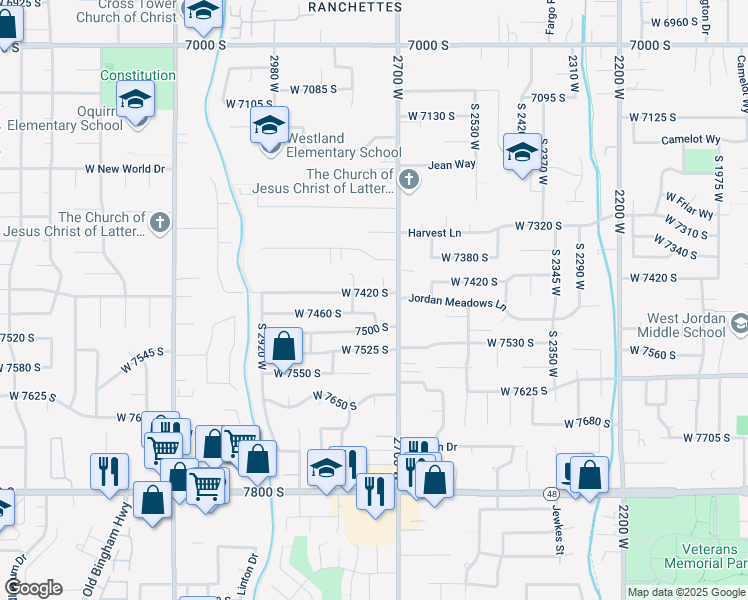 map of restaurants, bars, coffee shops, grocery stores, and more near 2730 West 7460 South in West Jordan