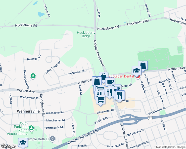 map of restaurants, bars, coffee shops, grocery stores, and more near 1609 Shenandoah Court in Allentown