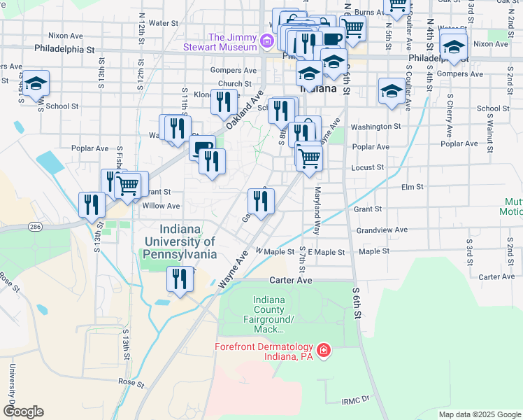 map of restaurants, bars, coffee shops, grocery stores, and more near 820 Grant Street in Indiana