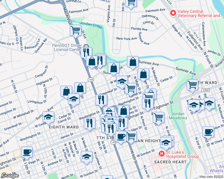 map of restaurants, bars, coffee shops, grocery stores, and more near 849 North 6th Street in Allentown