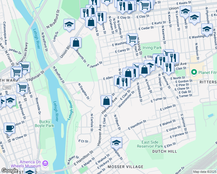 map of restaurants, bars, coffee shops, grocery stores, and more near 415 North Fenwick Street in Allentown
