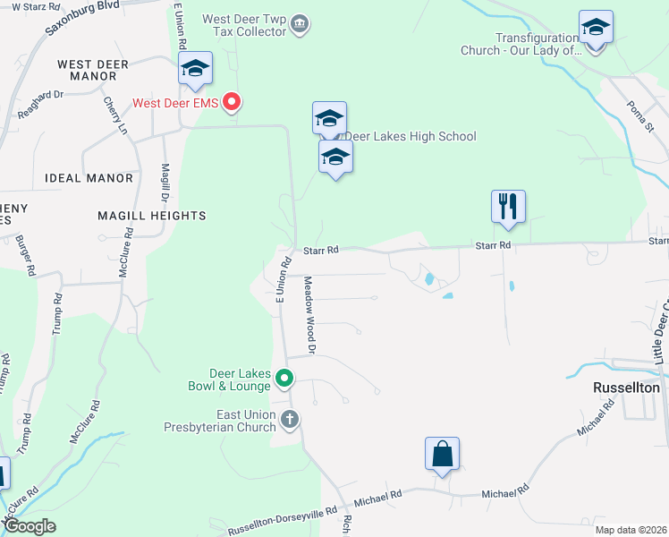 map of restaurants, bars, coffee shops, grocery stores, and more near 416 Linden Drive in Cheswick