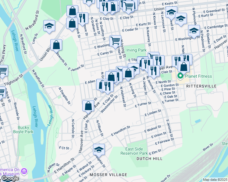 map of restaurants, bars, coffee shops, grocery stores, and more near 716 Hanover Avenue in Allentown