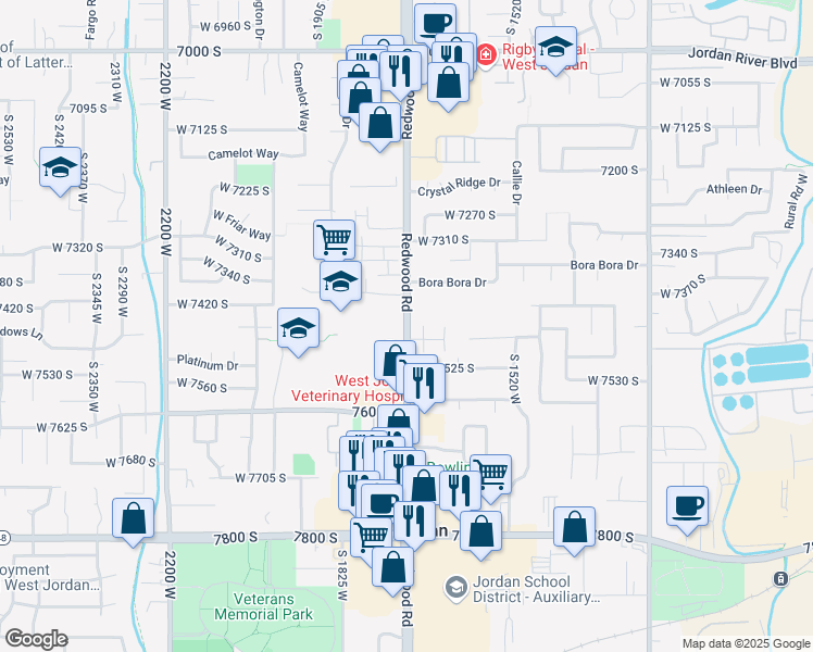 map of restaurants, bars, coffee shops, grocery stores, and more near 7430 South 1700 West in West Jordan