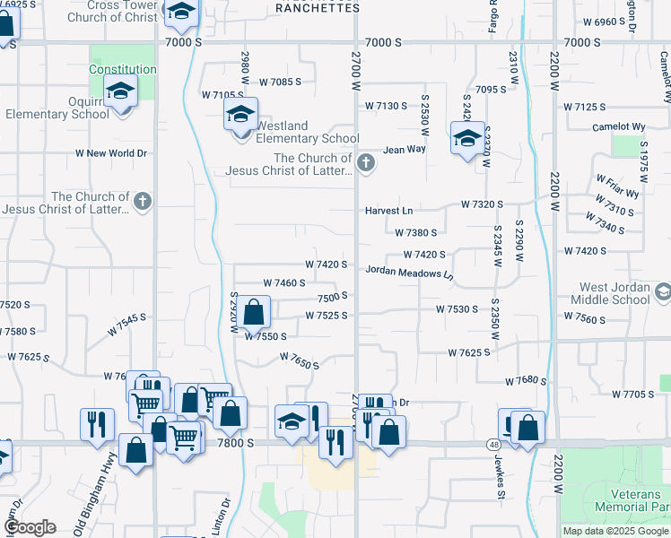 map of restaurants, bars, coffee shops, grocery stores, and more near 2730 West 7460 South in West Jordan