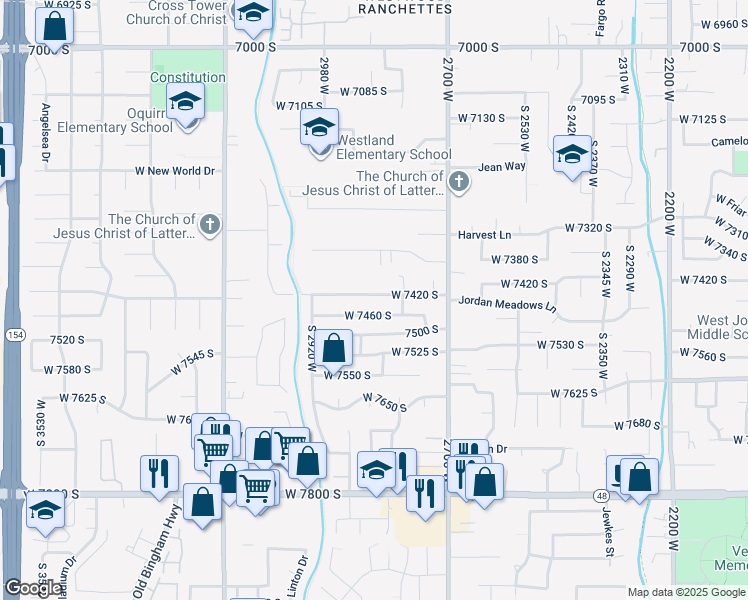 map of restaurants, bars, coffee shops, grocery stores, and more near 2840 West 7460 South in West Jordan