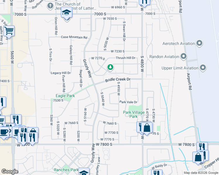 map of restaurants, bars, coffee shops, grocery stores, and more near 4968 Woodbend Road in West Jordan