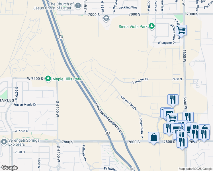 map of restaurants, bars, coffee shops, grocery stores, and more near 6098 West Oquirrh Ridge Road in West Jordan