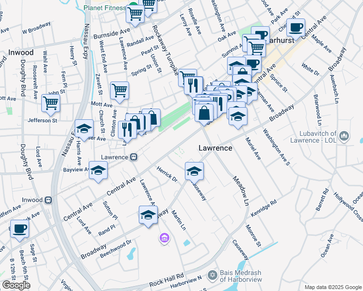 map of restaurants, bars, coffee shops, grocery stores, and more near 275 Central Avenue in Lawrence