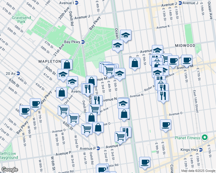 map of restaurants, bars, coffee shops, grocery stores, and more near 1441 East 4th Street in Brooklyn