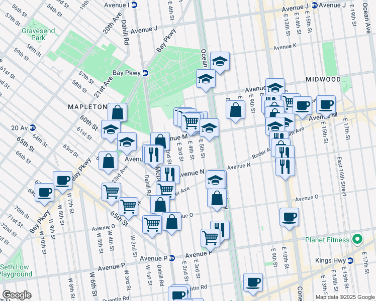 map of restaurants, bars, coffee shops, grocery stores, and more near 1441 East 4th Street in Brooklyn