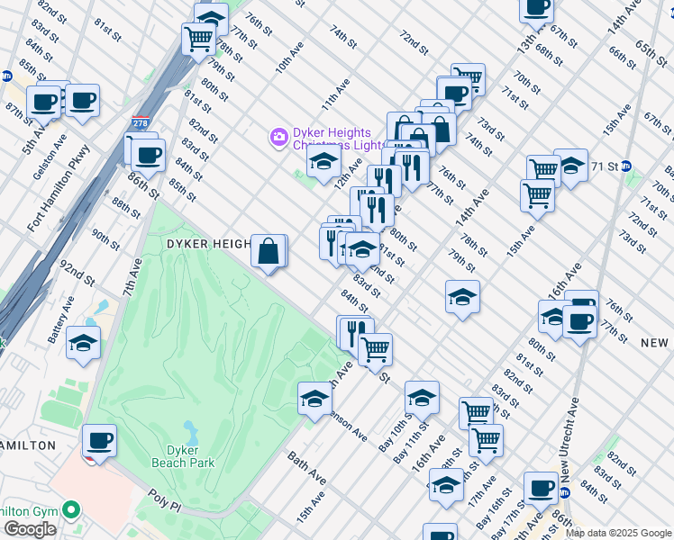 map of restaurants, bars, coffee shops, grocery stores, and more near 1271 84th Street in Brooklyn
