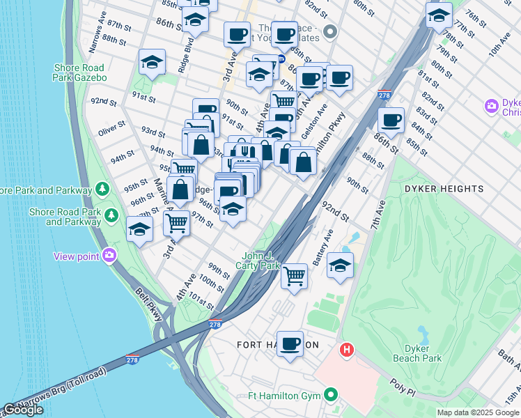 map of restaurants, bars, coffee shops, grocery stores, and more near 544B 94th Street in Brooklyn