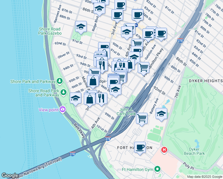 map of restaurants, bars, coffee shops, grocery stores, and more near 358 96th Street in Brooklyn