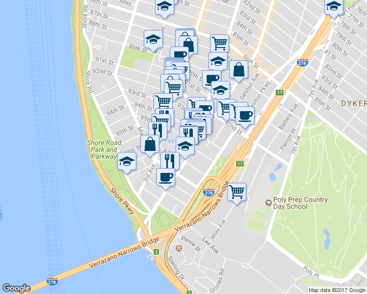 map of restaurants, bars, coffee shops, grocery stores, and more near 358 96th Street in Brooklyn