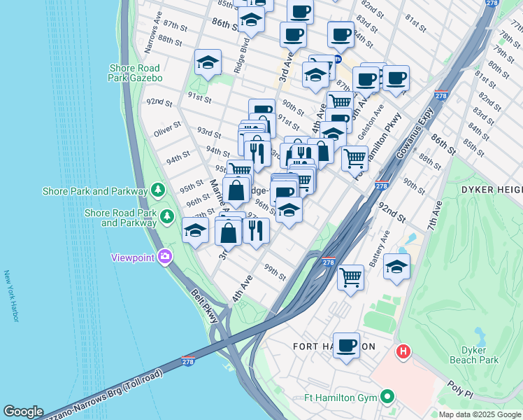map of restaurants, bars, coffee shops, grocery stores, and more near 358 96th Street in Brooklyn