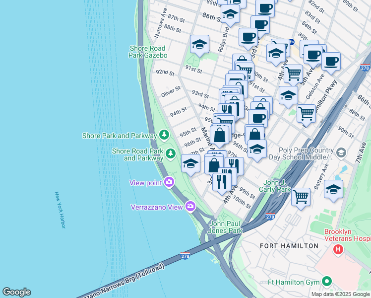 map of restaurants, bars, coffee shops, grocery stores, and more near 123A 97th Street in Brooklyn