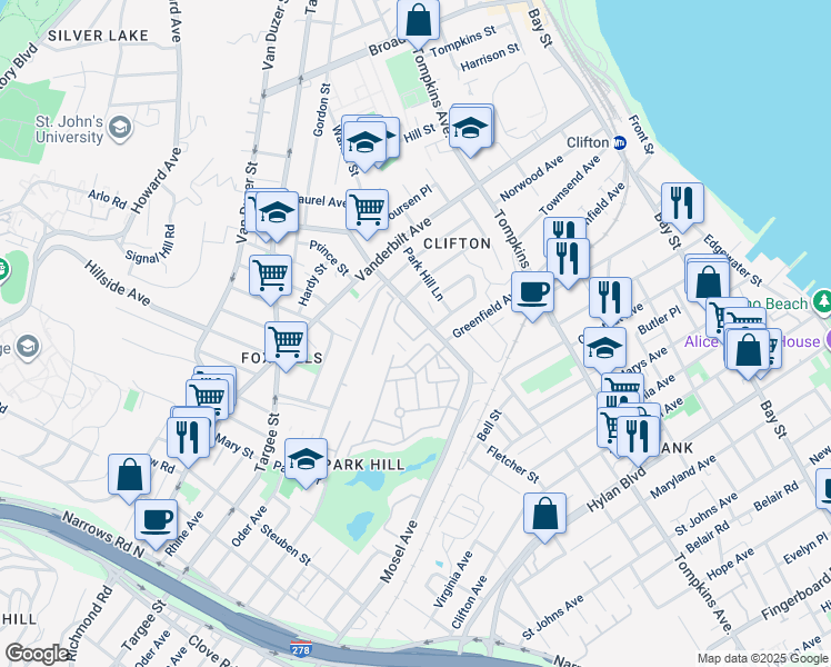 map of restaurants, bars, coffee shops, grocery stores, and more near 65 Skyline Drive in Staten Island