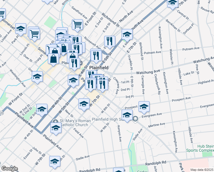 map of restaurants, bars, coffee shops, grocery stores, and more near 114 East 7th Street in Plainfield