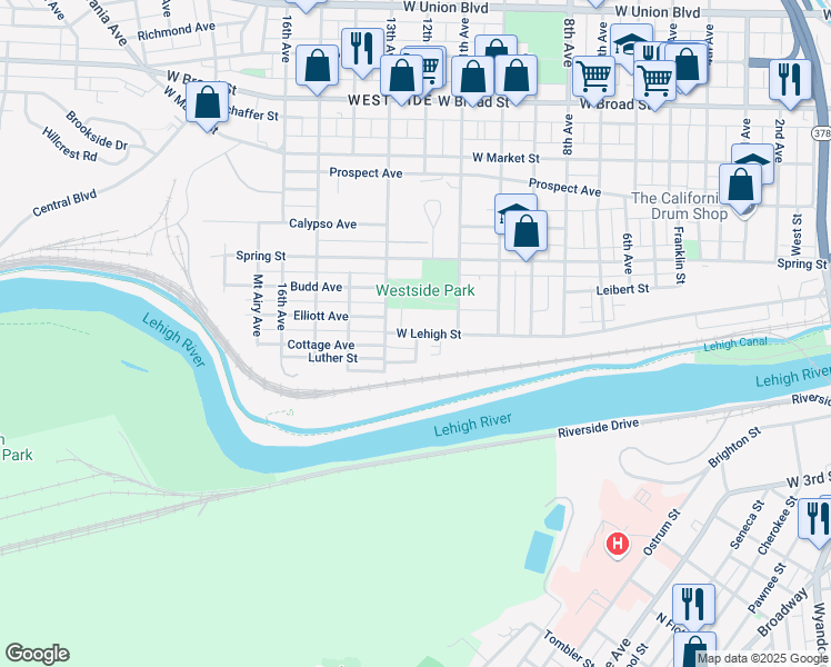map of restaurants, bars, coffee shops, grocery stores, and more near 1306 Clay Street in Bethlehem