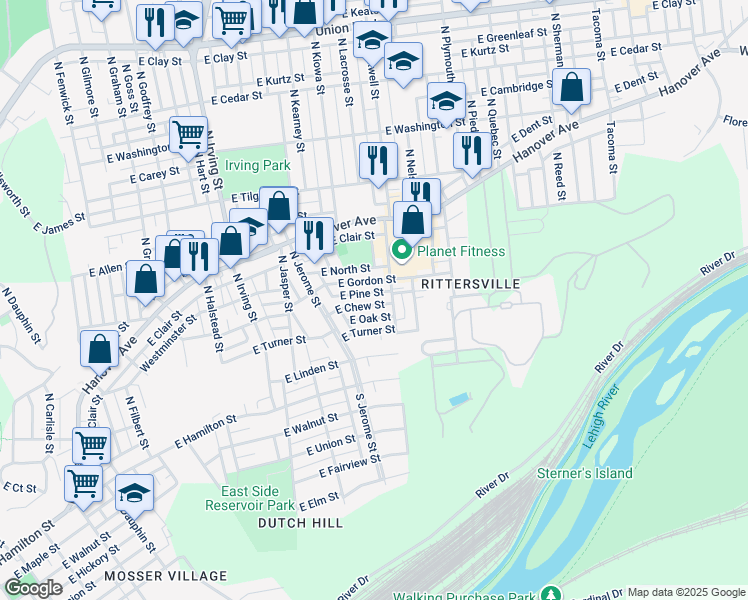 map of restaurants, bars, coffee shops, grocery stores, and more near 1060 East Chew Street in Allentown
