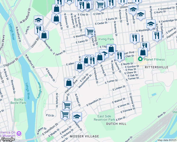 map of restaurants, bars, coffee shops, grocery stores, and more near 716 Hanover Avenue in Allentown