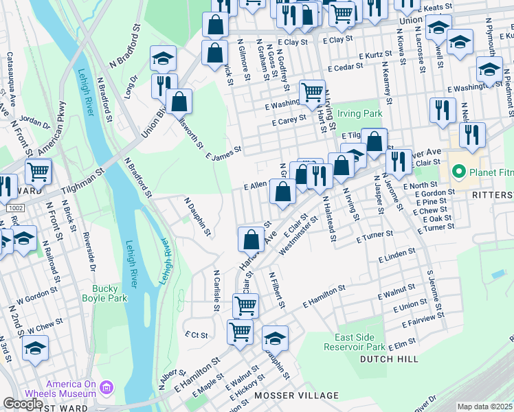 map of restaurants, bars, coffee shops, grocery stores, and more near 415 North Fenwick Street in Allentown