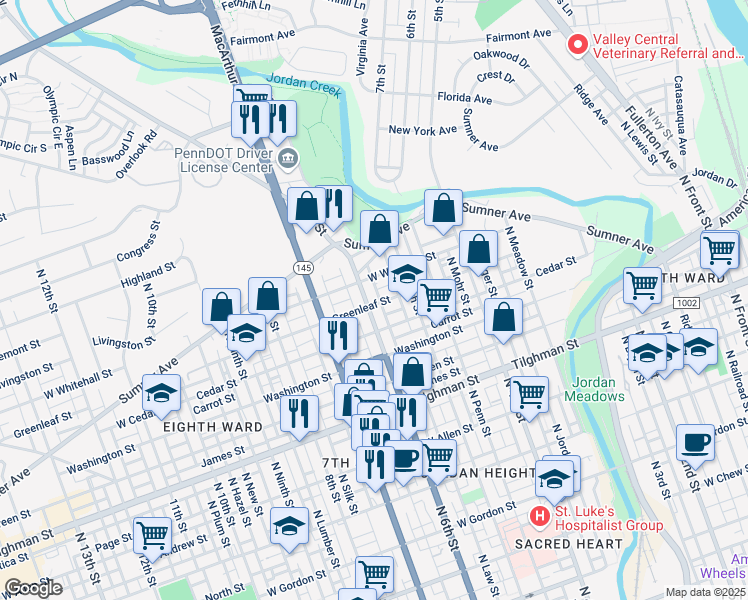 map of restaurants, bars, coffee shops, grocery stores, and more near 849 North 6th Street in Allentown