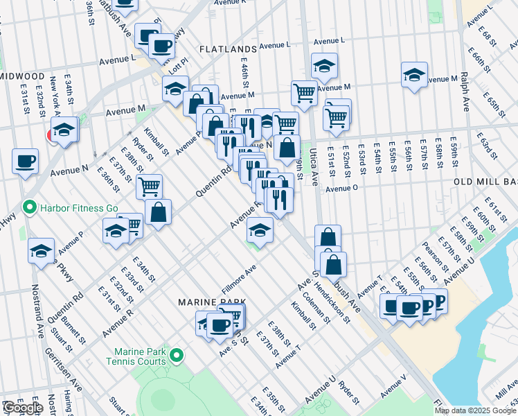 map of restaurants, bars, coffee shops, grocery stores, and more near 4210 Avenue R in Brooklyn