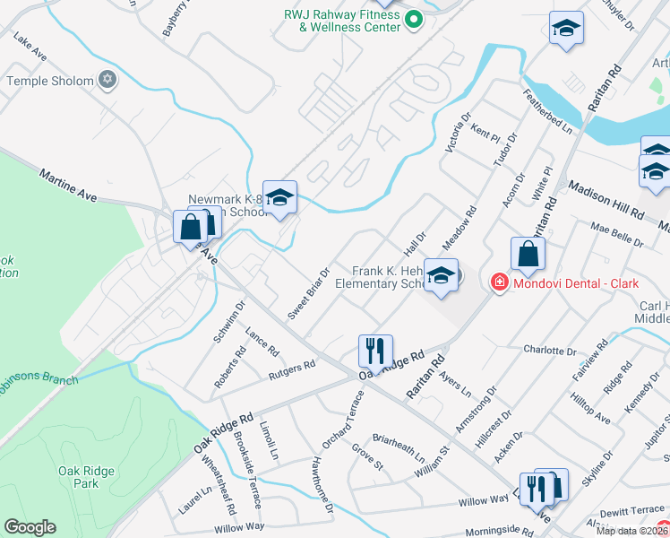 map of restaurants, bars, coffee shops, grocery stores, and more near 65 Sweet Briar Drive in Clark