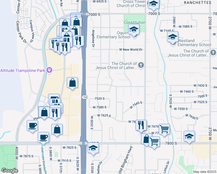 map of restaurants, bars, coffee shops, grocery stores, and more near 7458 Bromley Road in West Jordan