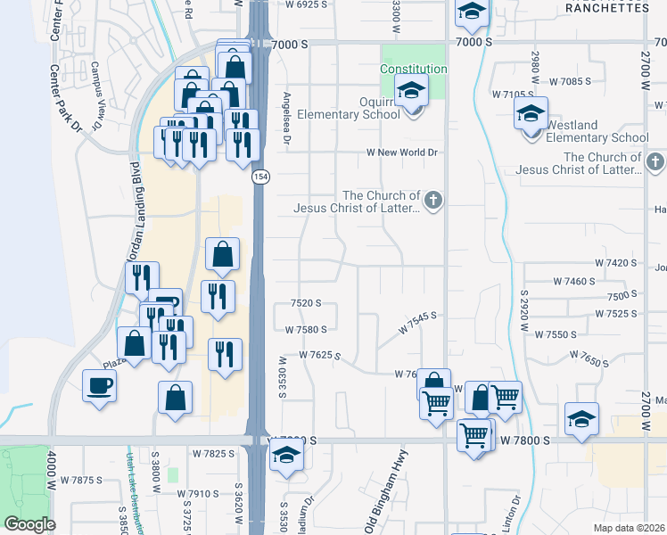 map of restaurants, bars, coffee shops, grocery stores, and more near 3470 Fenchurch Road in West Jordan