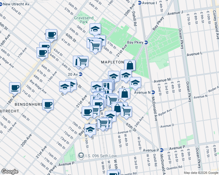 map of restaurants, bars, coffee shops, grocery stores, and more near 6206 Bay Parkway in Brooklyn