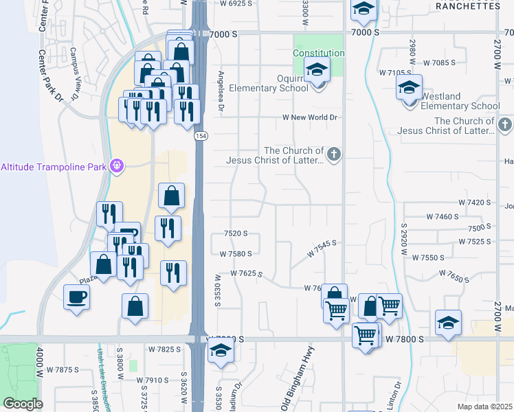 map of restaurants, bars, coffee shops, grocery stores, and more near 7458 Bromley Road in West Jordan