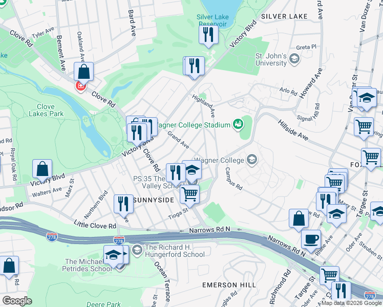 map of restaurants, bars, coffee shops, grocery stores, and more near 90 Grand Avenue in Staten Island