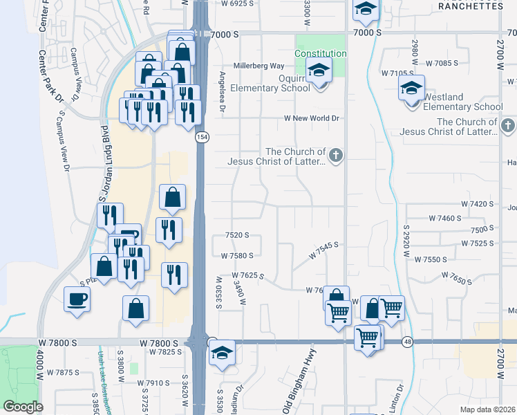 map of restaurants, bars, coffee shops, grocery stores, and more near 7458 Bromley Road in West Jordan