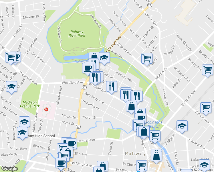 map of restaurants, bars, coffee shops, grocery stores, and more near 630 Union Street in Rahway