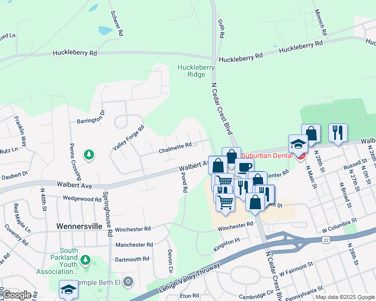 map of restaurants, bars, coffee shops, grocery stores, and more near 3440 Colonial Court in Allentown