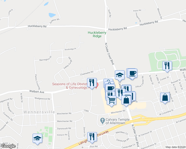 map of restaurants, bars, coffee shops, grocery stores, and more near 3440 Colonial Court in Allentown