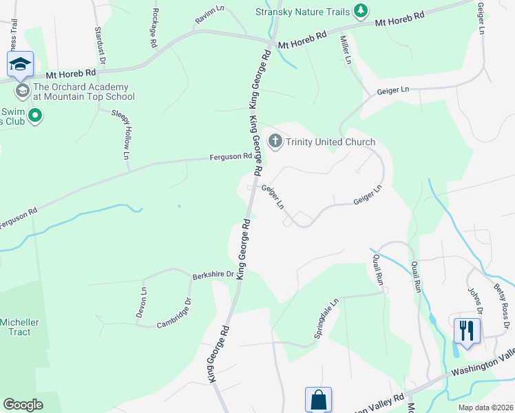 map of restaurants, bars, coffee shops, grocery stores, and more near 110 King George Road in Warren