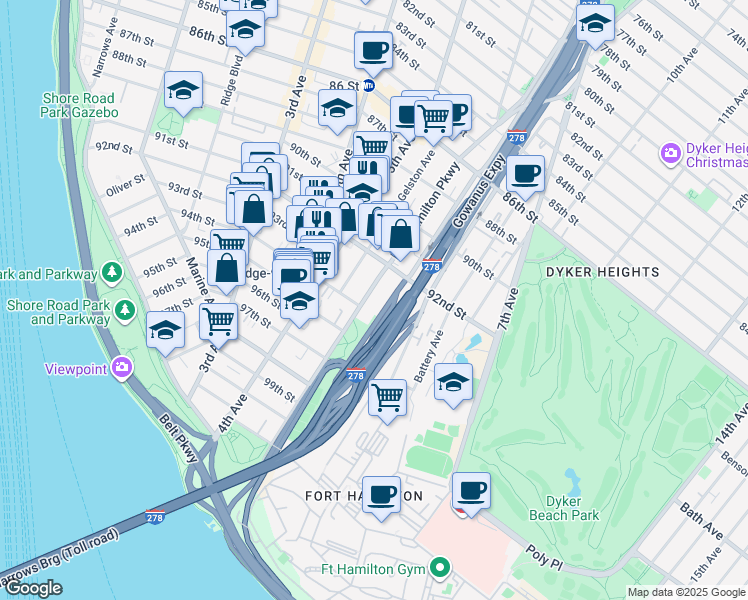 map of restaurants, bars, coffee shops, grocery stores, and more near 9325 Fort Hamilton Parkway in Brooklyn