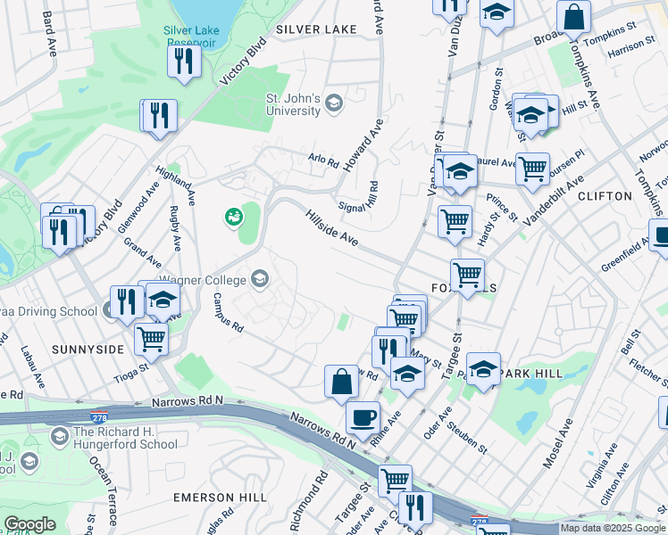 map of restaurants, bars, coffee shops, grocery stores, and more near 87 Wandel Avenue in Staten Island