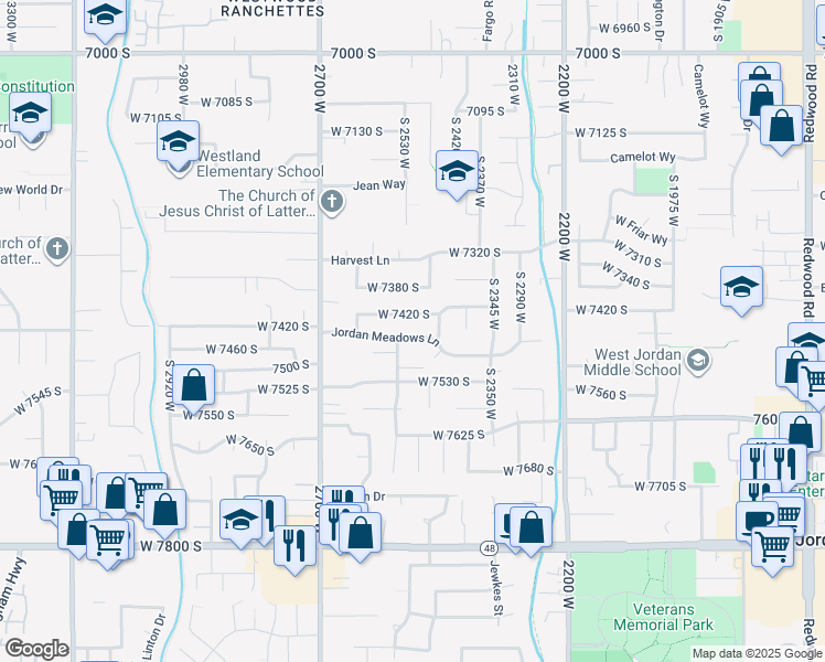 map of restaurants, bars, coffee shops, grocery stores, and more near 2510 Jordan Meadows Lane in West Jordan
