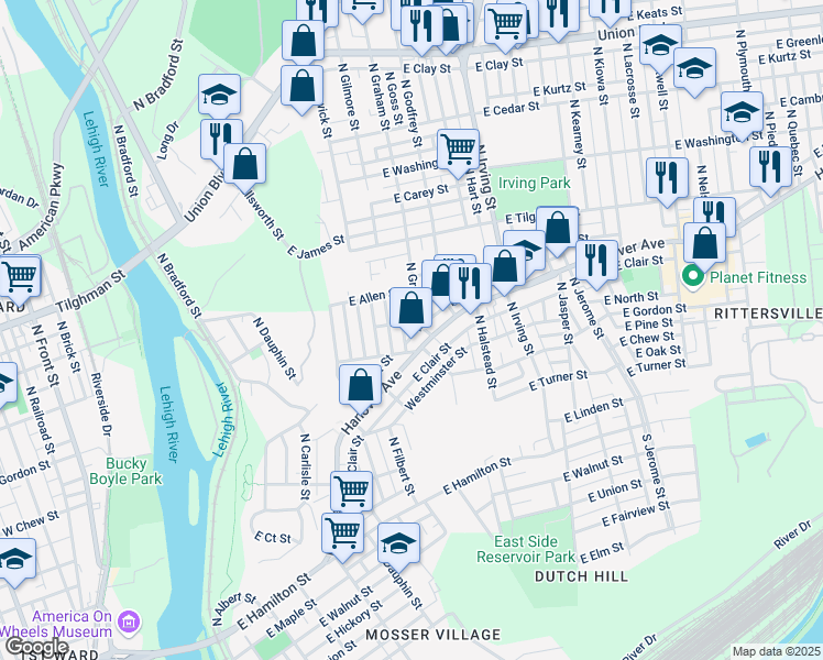 map of restaurants, bars, coffee shops, grocery stores, and more near 701 Hanover Avenue in Allentown
