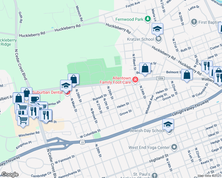 map of restaurants, bars, coffee shops, grocery stores, and more near 1609 North 26th Street in Allentown