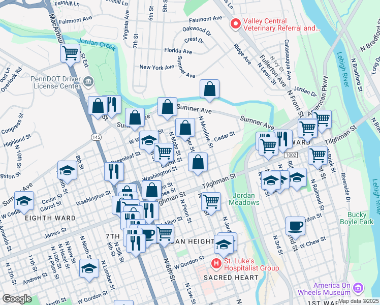map of restaurants, bars, coffee shops, grocery stores, and more near 401 Washington Street in Allentown