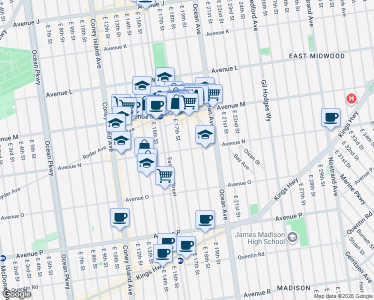 map of restaurants, bars, coffee shops, grocery stores, and more near 1725 Avenue N in Brooklyn