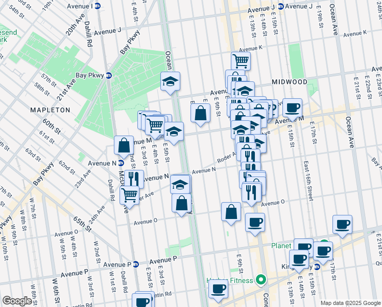 map of restaurants, bars, coffee shops, grocery stores, and more near 1365 Ocean Parkway in Brooklyn