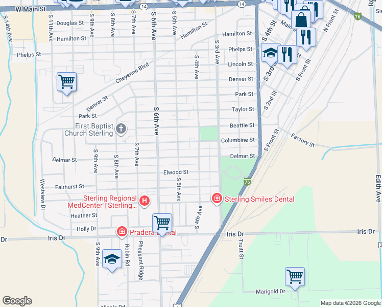 map of restaurants, bars, coffee shops, grocery stores, and more near 401 Delmar Street in Sterling