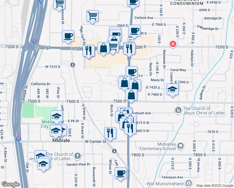 map of restaurants, bars, coffee shops, grocery stores, and more near 26 West 7500 South in Midvale